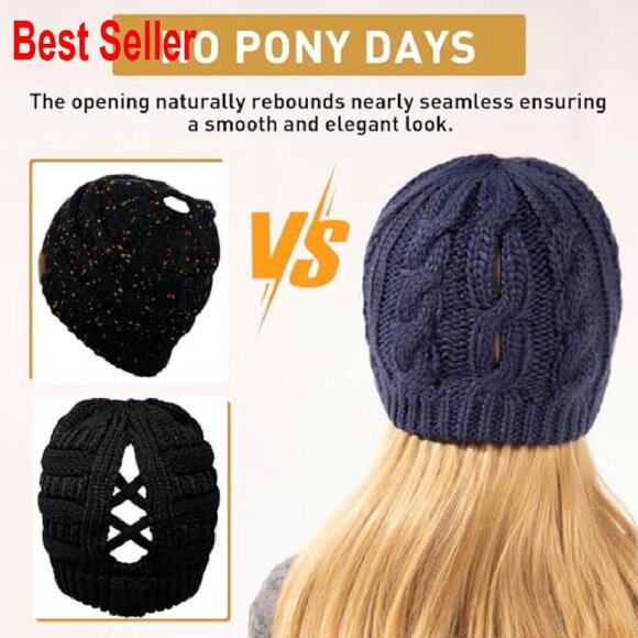 Merino Wool Blend Fleece Lined Beanie Ponytail Hole Cable Knit Oversized